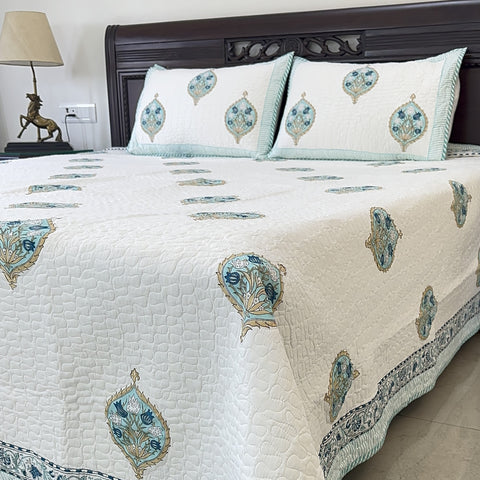 Aqua Blossom Harmony Quilted Bedcover