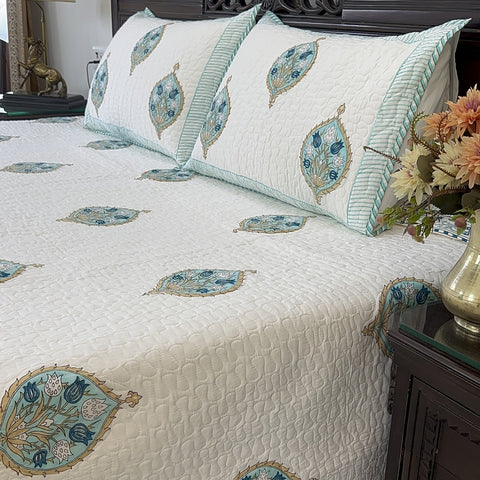 Aqua Blossom Harmony Quilted Bedcover