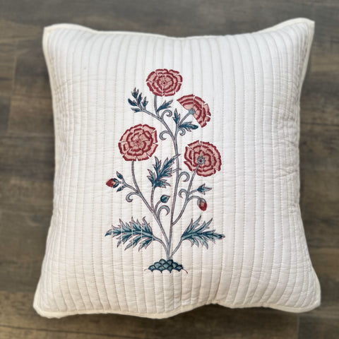 Red Zinnea Floral Quilted Cushion Cover Cream Base