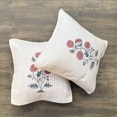 Red Zinnea Floral Quilted Cushion Cover Cream Base