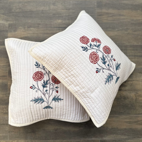 Red Zinnea Floral Quilted Cushion Cover Cream Base