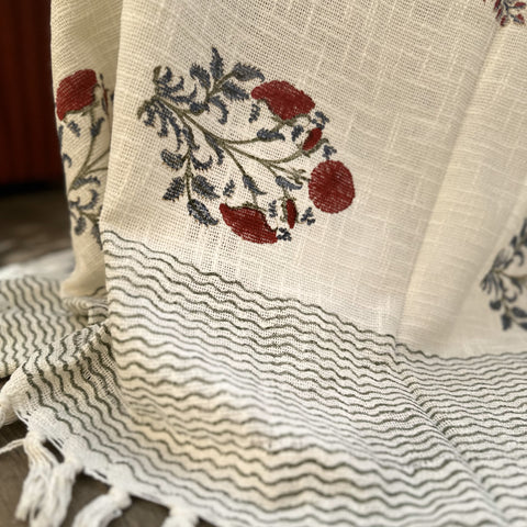 Crimson Carnation & Leaf Butta Block Printed Throw Blanket