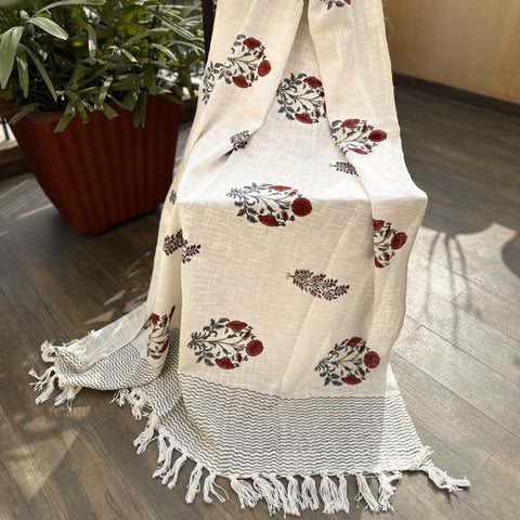 Crimson Carnation & Leaf Butta Block Printed Throw Blanket