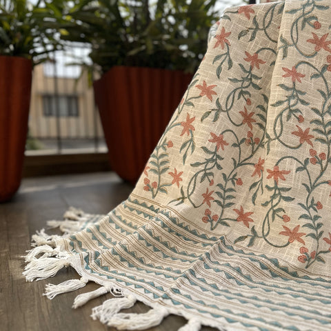 Sage & Salmon Pink Jaal Block Printed Throw Blanket