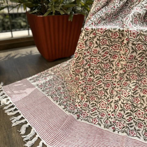 Red Linear Essense Jaal Block Printed Throw Blanket