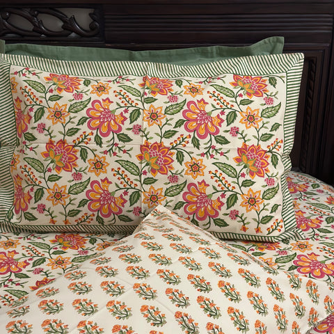 Basant Bahaar Block Printed Bedsheet Cream Base