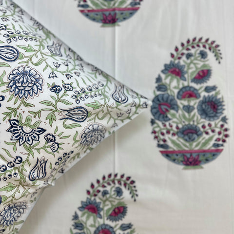 Blue Paisely Block Printed Single Bedsheet