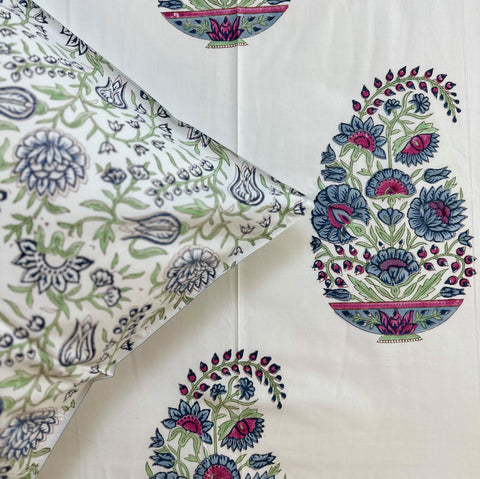 Blue Paisely Block Printed Single Bedsheet