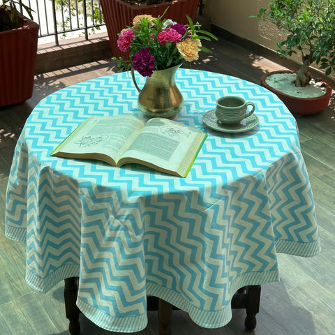Oceanic Waves Block Printed Round Table Cover