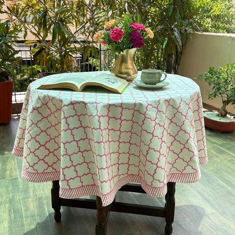 Pink Moroccan Block Printed Round Table Cover
