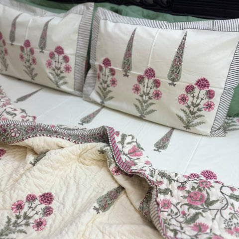 Phoenix Fuchsia Handblock Printed Cream Base Bedding Set