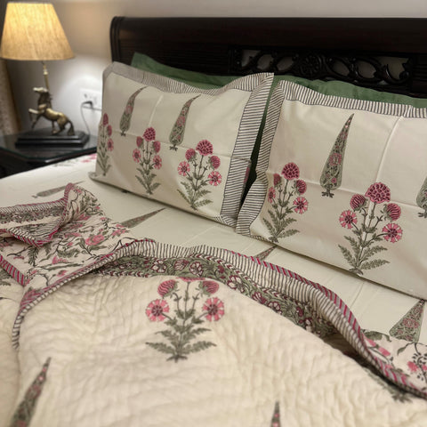 Phoenix Fuchsia Handblock Printed Cream Base Bedding Set