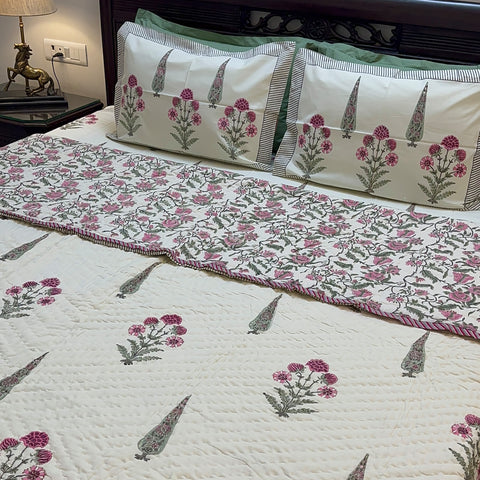 Phoenix Fuchsia Handblock Printed Cream Base Bedding Set