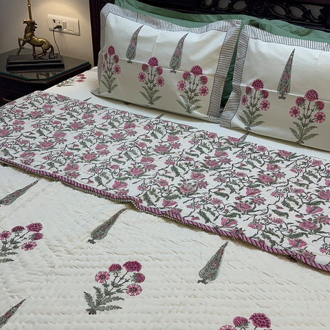 Phoenix Fuchsia Handblock Printed Cream Base Bedding Set