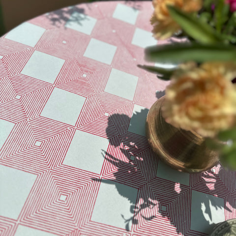 Red Gingham Block Printed Round Table Cover