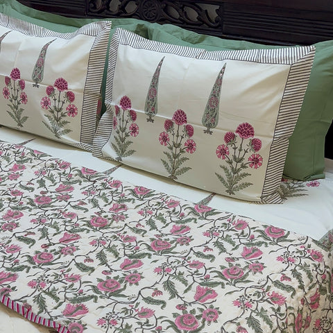 Phoenix Fuchsia Handblock Printed Cream Base Bedding Set