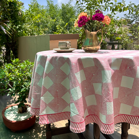Red Gingham Block Printed Round Table Cover