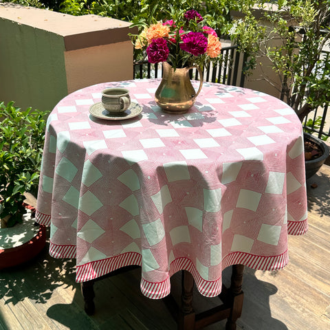 Red Gingham Block Printed Round Table Cover