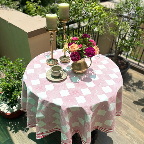 Red Gingham Block Printed Round Table Cover