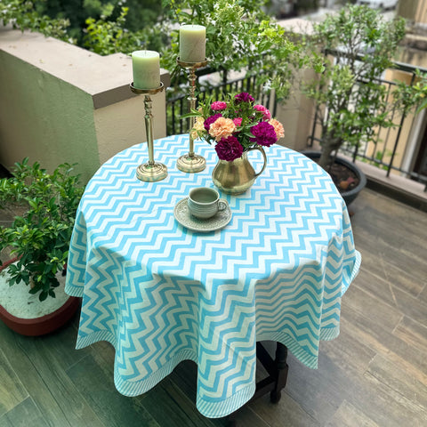 Oceanic Waves Block Printed Round Table Cover