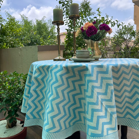 Oceanic Waves Block Printed Round Table Cover