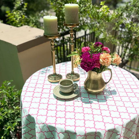 Pink Moroccan Block Printed Round Table Cover