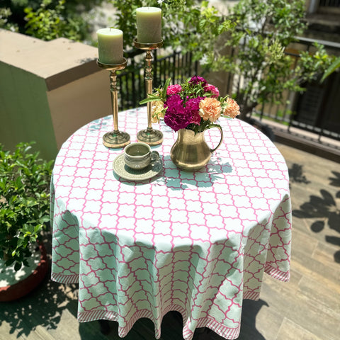 Pink Moroccan Block Printed Round Table Cover