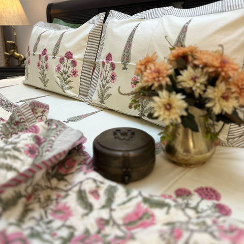 Phoenix Fuchsia Handblock Printed Cream Base Bedding Set