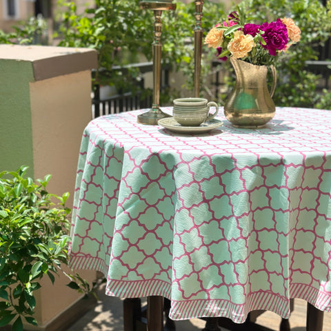 Pink Moroccan Block Printed Round Table Cover
