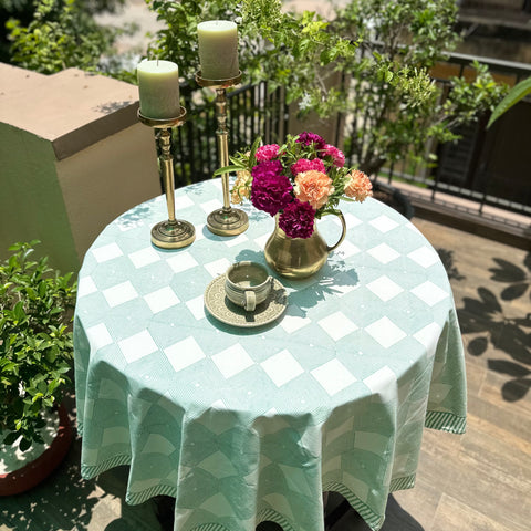 Green Gingham Block Printed Round Table Cover