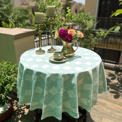 Green Gingham Block Printed Round Table Cover
