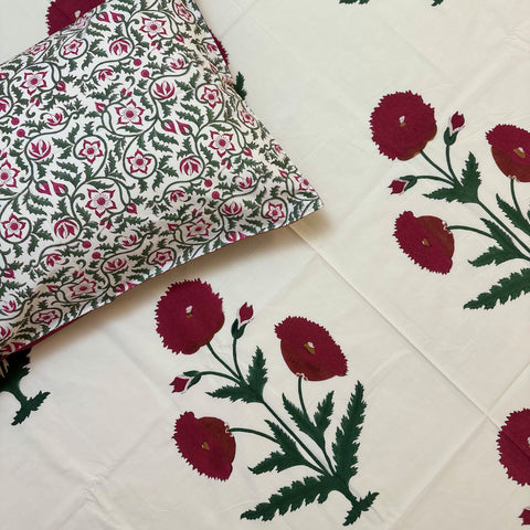 Red Royal Poppy Handblock Printed Cream Base Bedding Set