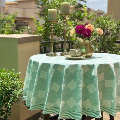 Green Gingham Block Printed Round Table Cover