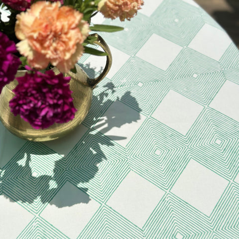 Green Gingham Block Printed Round Table Cover