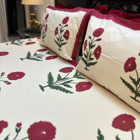 Red Royal Poppy Handblock Printed Cream Base Bedding Set