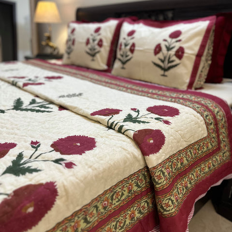 Red Royal Poppy Handblock Printed Cream Base Bedding Set