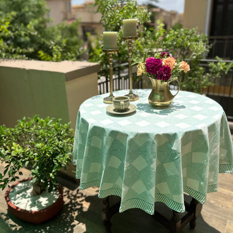 Green Gingham Block Printed Round Table Cover