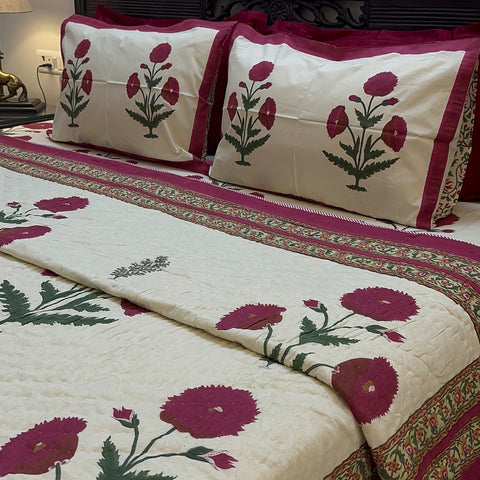 Red Royal Poppy Handblock Printed Cream Base Bedding Set