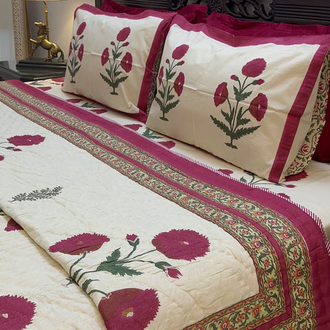 Red Royal Poppy Handblock Printed Cream Base Bedding Set