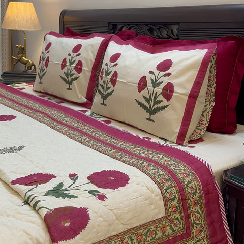 Red Royal Poppy Handblock Printed Cream Base Bedding Set