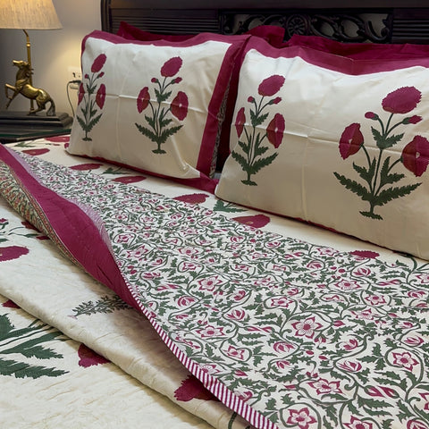 Red Royal Poppy Bloom Block Printed Quilt Cream Base