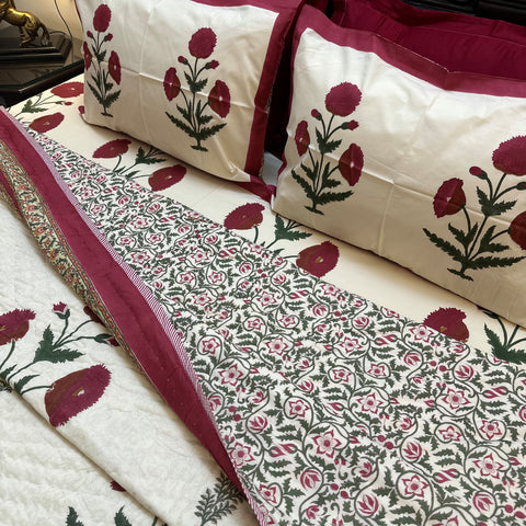 Red Royal Poppy Handblock Printed Cream Base Bedding Set