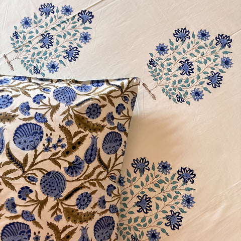 Sapphire Heritage Block Printed Bedsheet Cream Base