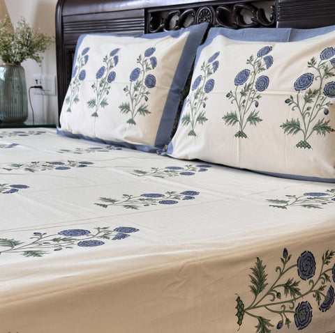 Oceanic Petals Block Printed Bedsheet Cream Base