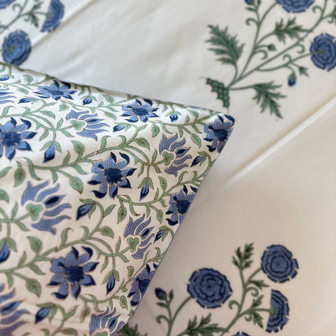 Oceanic Petals Block Printed Bedsheet Cream Base