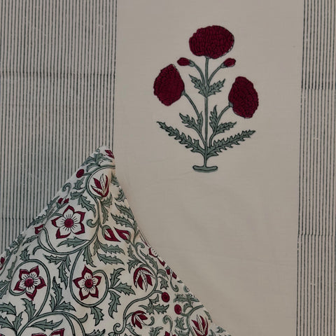 Crimson Carnation Block Printed Bedsheet Cream Base