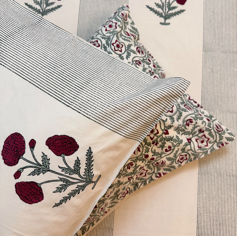 Crimson Carnation Block Printed Bedsheet Cream Base