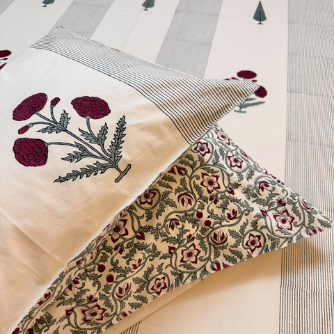 Crimson Carnation Block Printed Bedsheet Cream Base