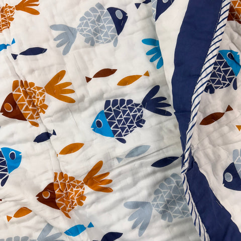 Oceanic Wonders Hand Block Printed & Quilted Baby Quilt