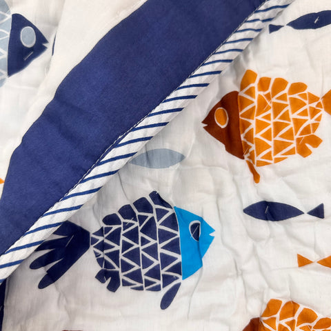 Oceanic Wonders Hand Block Printed & Quilted Baby Quilt